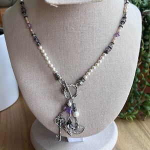 Vintage Peyote Bird toggle charm necklace pearl amethyst grapes fan key charms